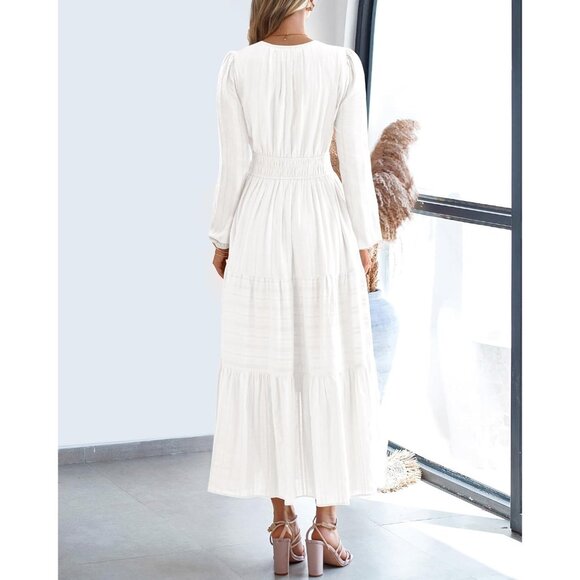 Women White Long Sleeve V Neck Elastic Waist Lightweight Maxi Dress Pockets - Picture 3 of 8